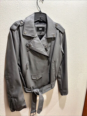 Faux Leather Belted Moto Jacket Women's Medium Gray with pewter zippers and snap